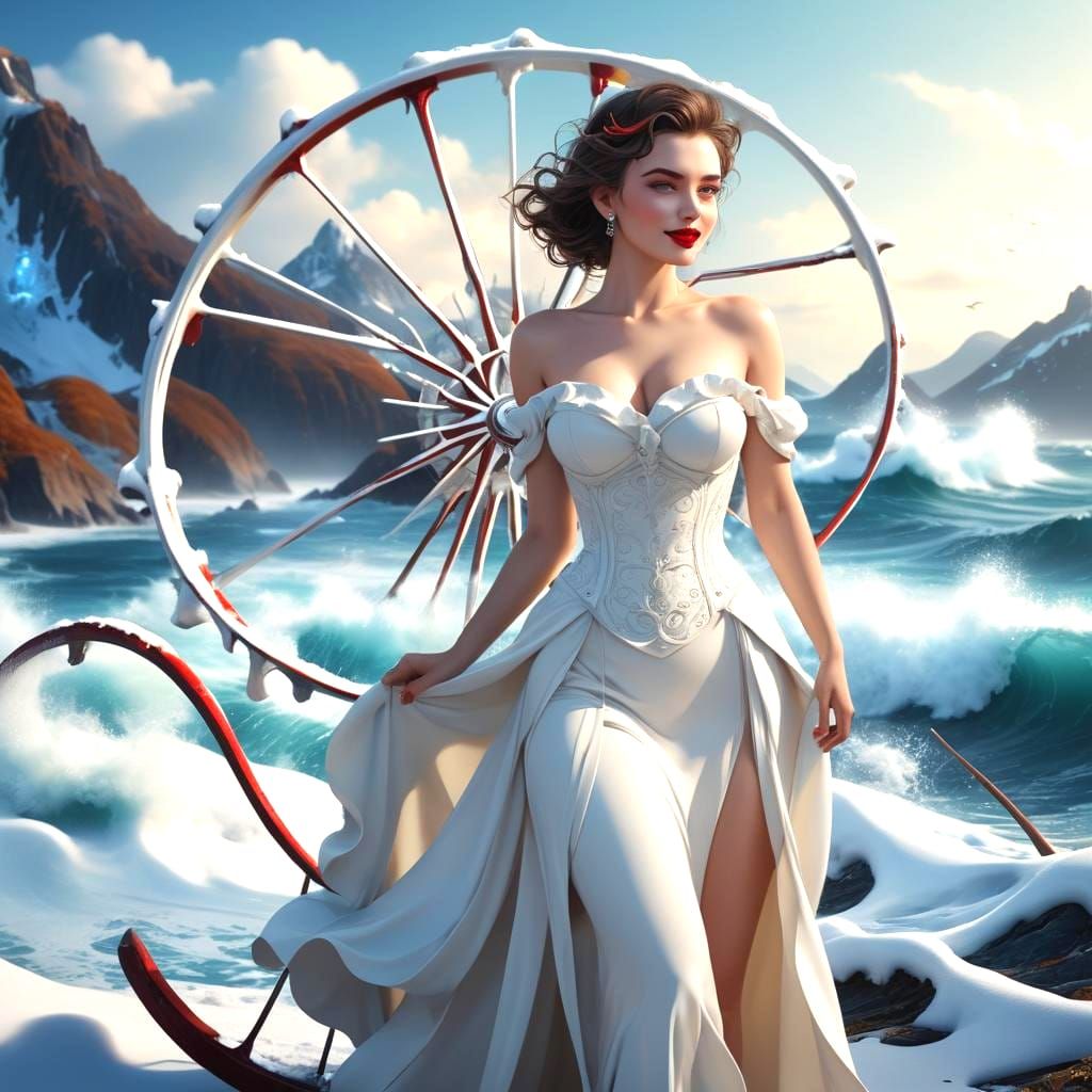 Beautiful Woman in White Dress in Snowy Landscape