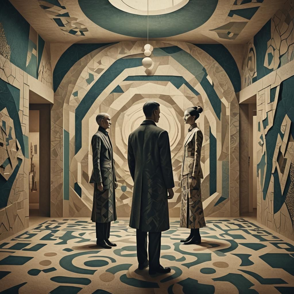 Elegant Figures in Surreal Vintage Room: Minimalist Art