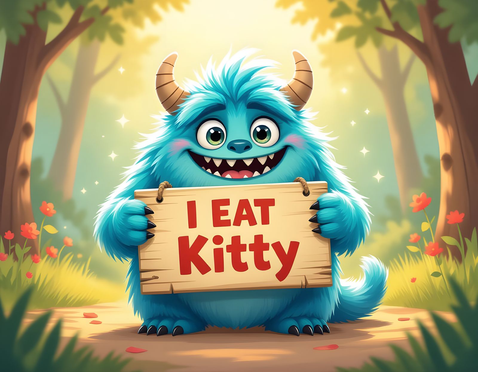 Cute Furry Monster Holding "I Eat Kitty" Sign