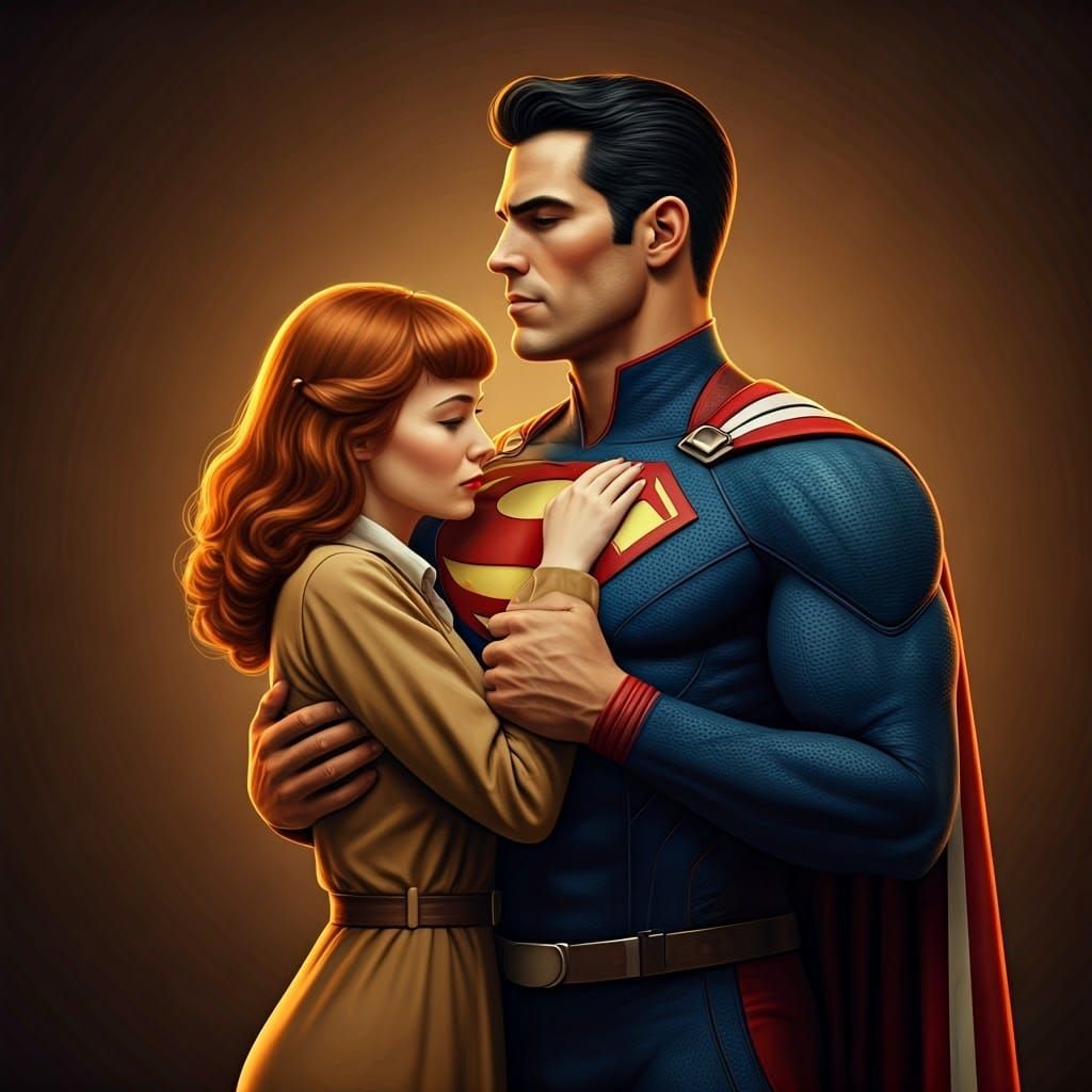 Vintage Woman in Superhero's Arms, Cinematic Style