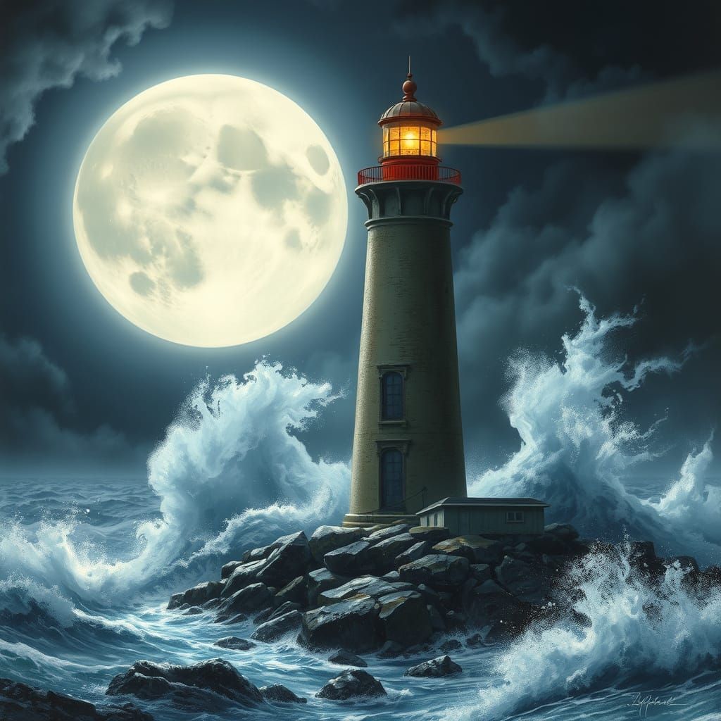 Lighthouse Beacon Amidst Raging Storm, Cinematic Style