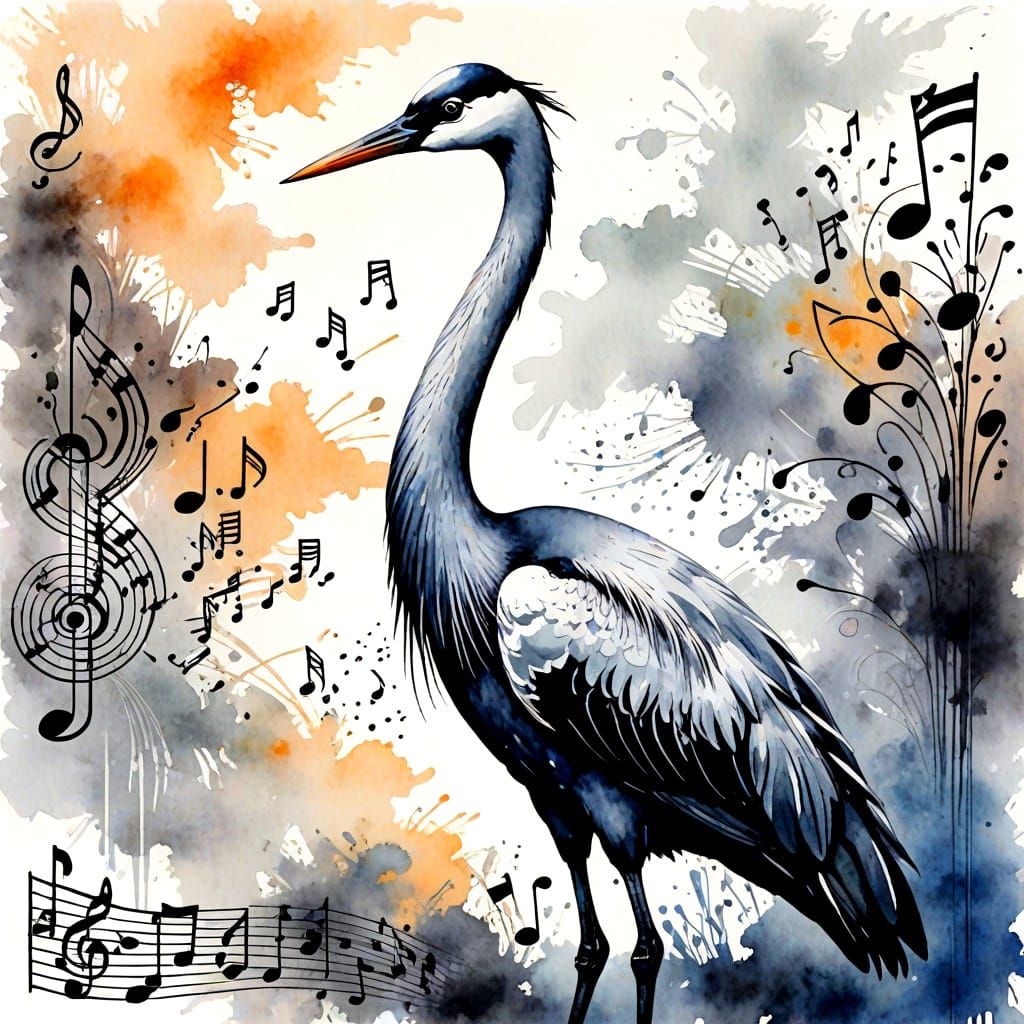 Black and White Crane Plays Chello Amidst Musical Notes Wate...