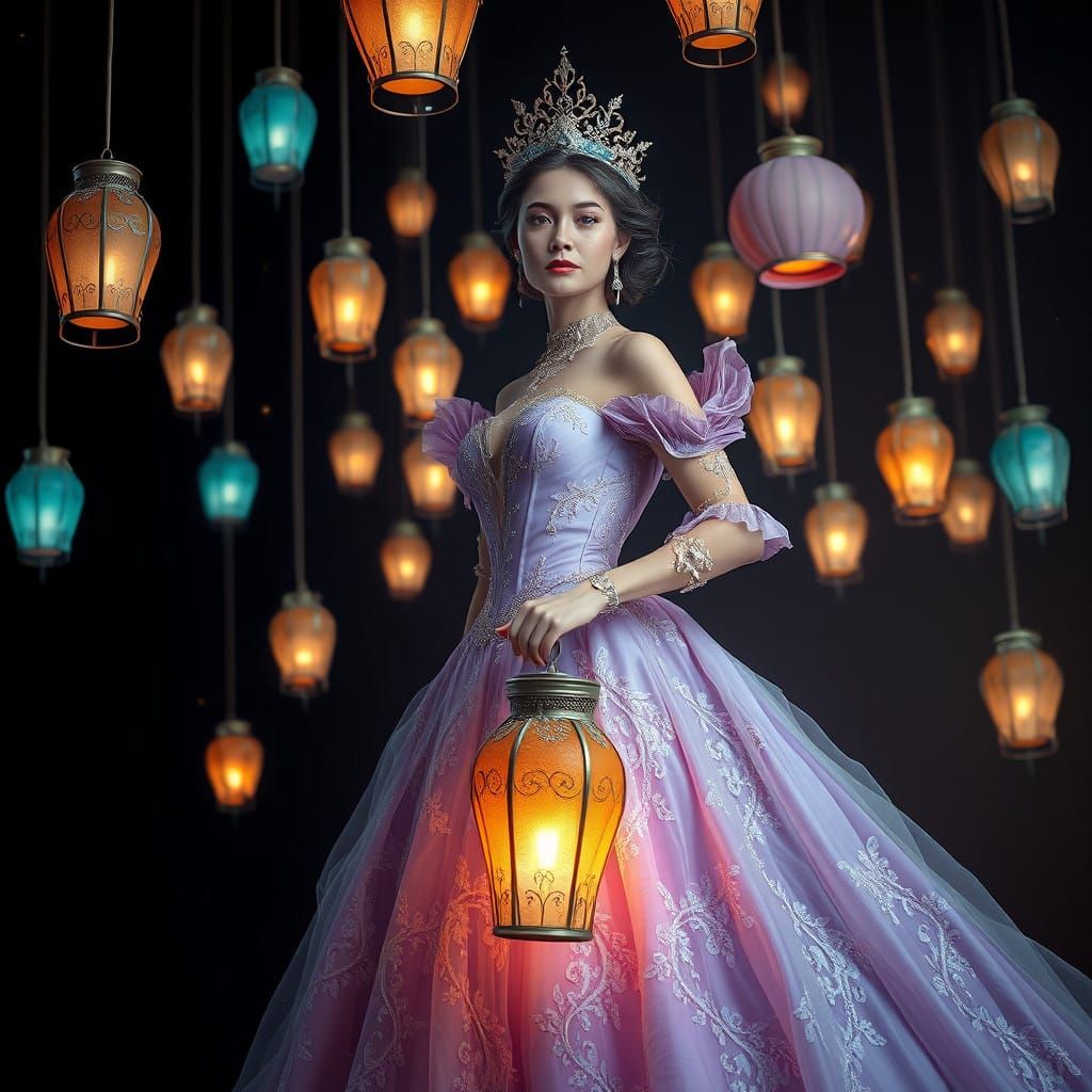 Regal Woman in Lavish Pastel Purple Ball Gown with Lanterns...