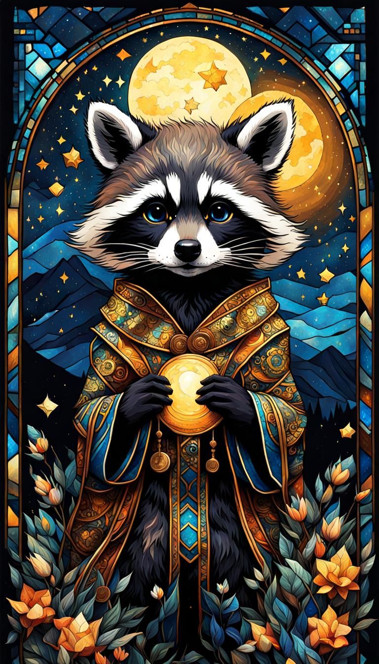 Chibi Raccoon Magician in Stained Glass Style