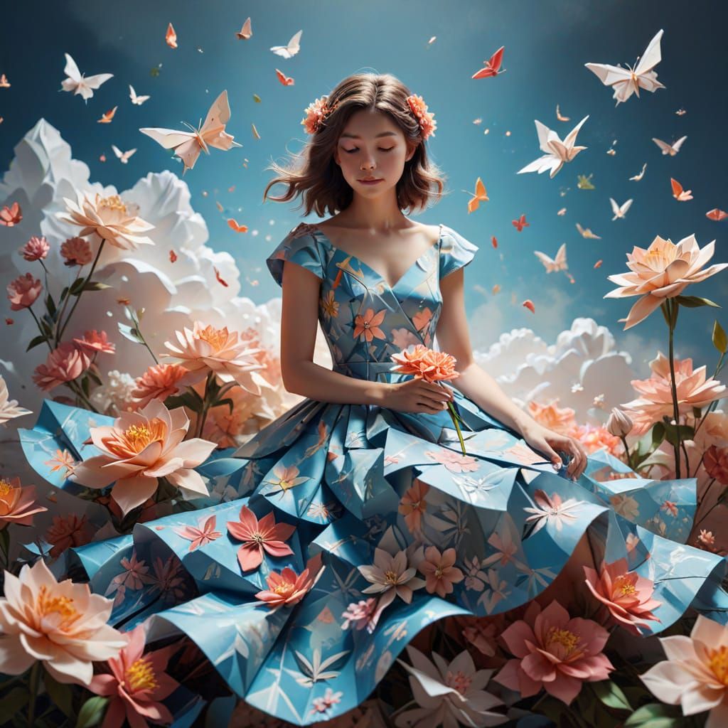 Origami Girl on Cloud with Paper Flowers