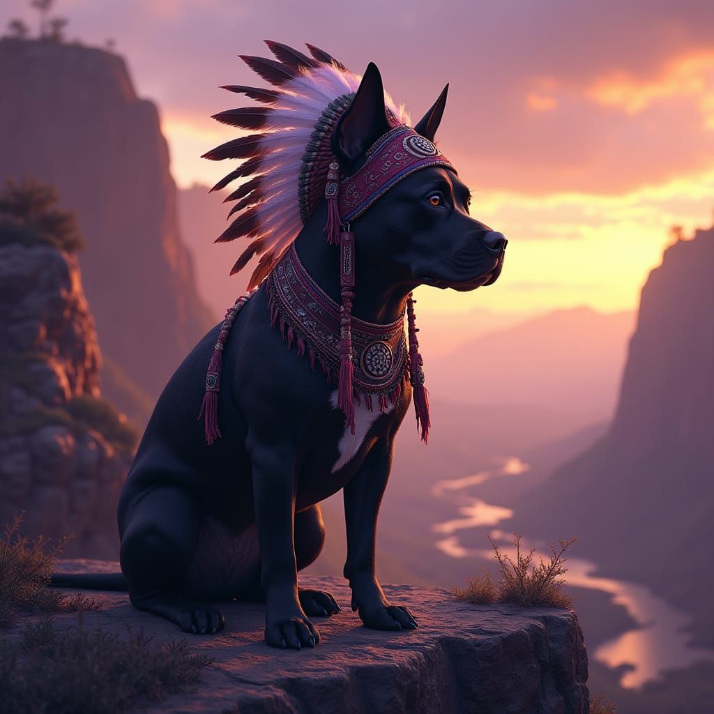 Majestic Black Staffordshire Terrier in Native American Rega...