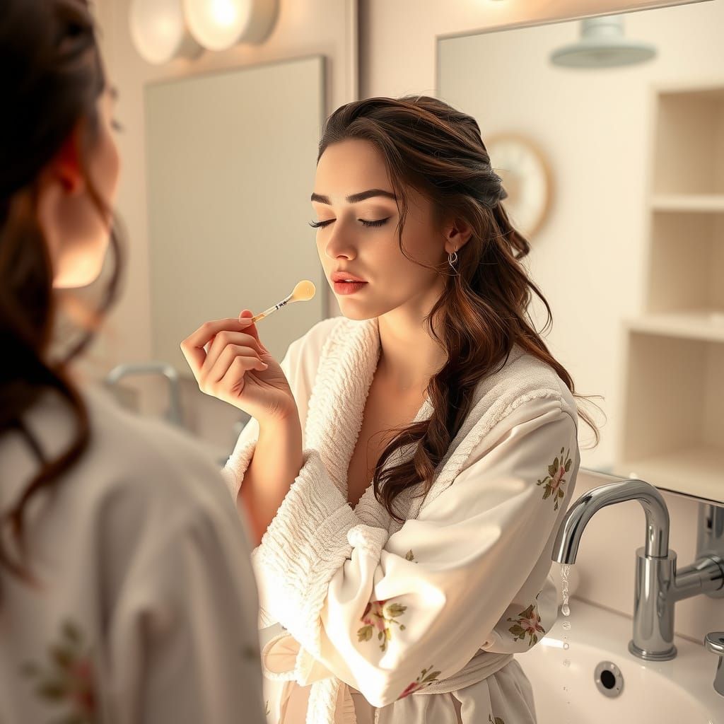 Serene Young Woman Washes Makeup Off in Luxurious Bathroom S...