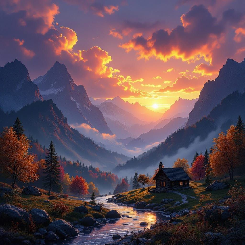 Ethereal Fantasy Landscape at Golden Sunset