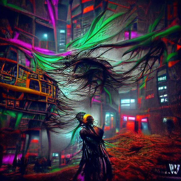 Dark Cyberpunk Horror Scene in Glowing 3D