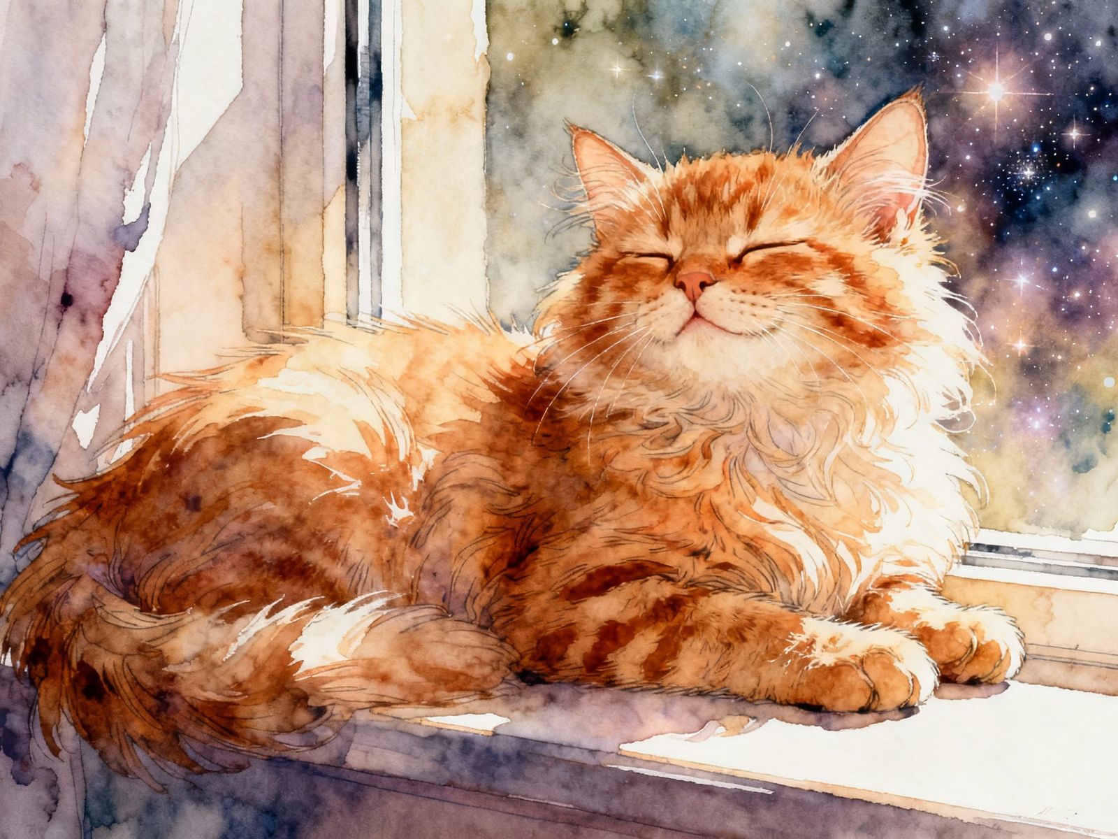 Fluffy Ginger Kitten on Windowsill in Magical Light