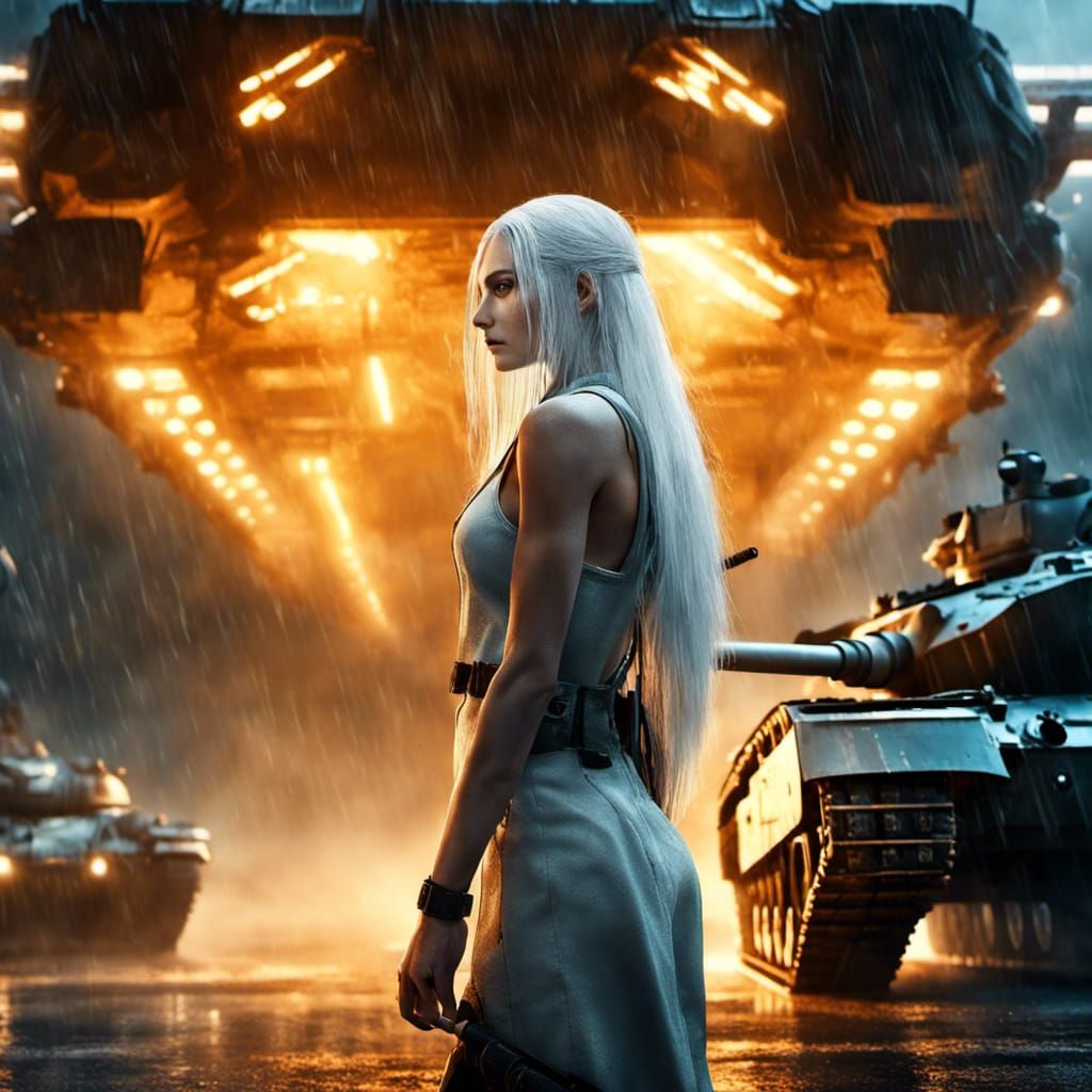 Woman in Rain with Combat Tank