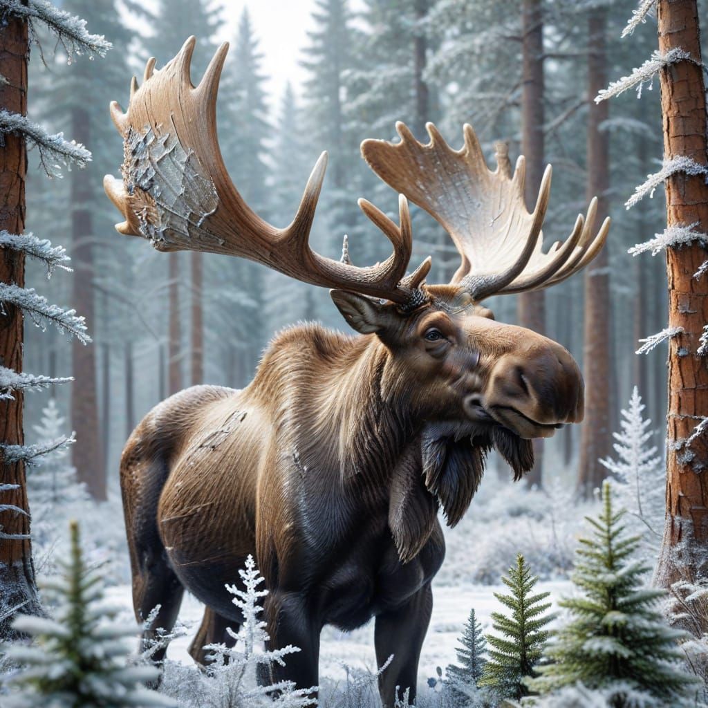 Majestic Moose with Frosty Antlers in Forest Painting