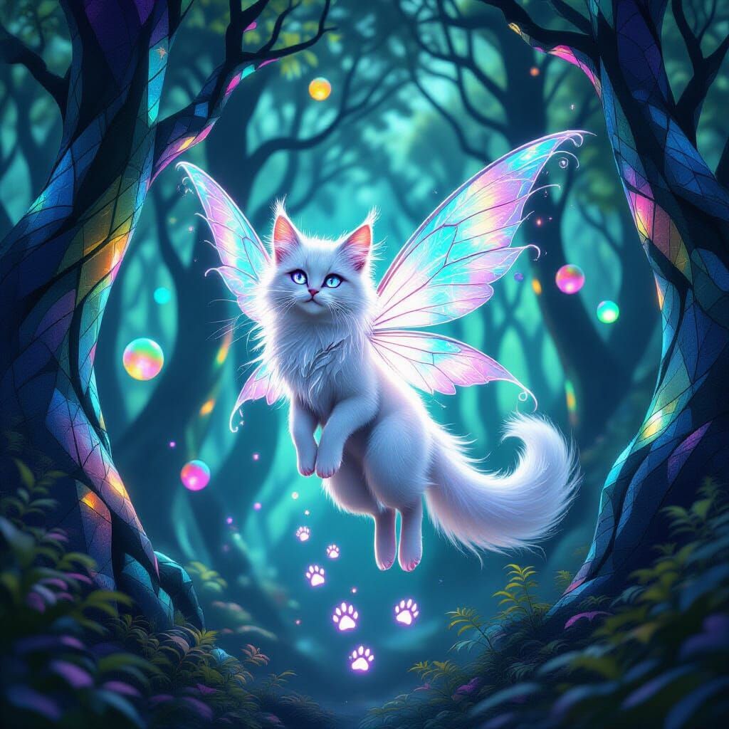 Surreal Cat Fairy Among Glowing Neon Trees