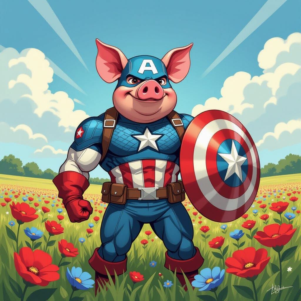 Captain America Pig in Comic Book Art Style