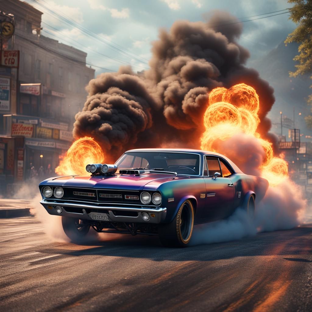 Muscle Cars Burning Rubber in Detailed Matte Painting