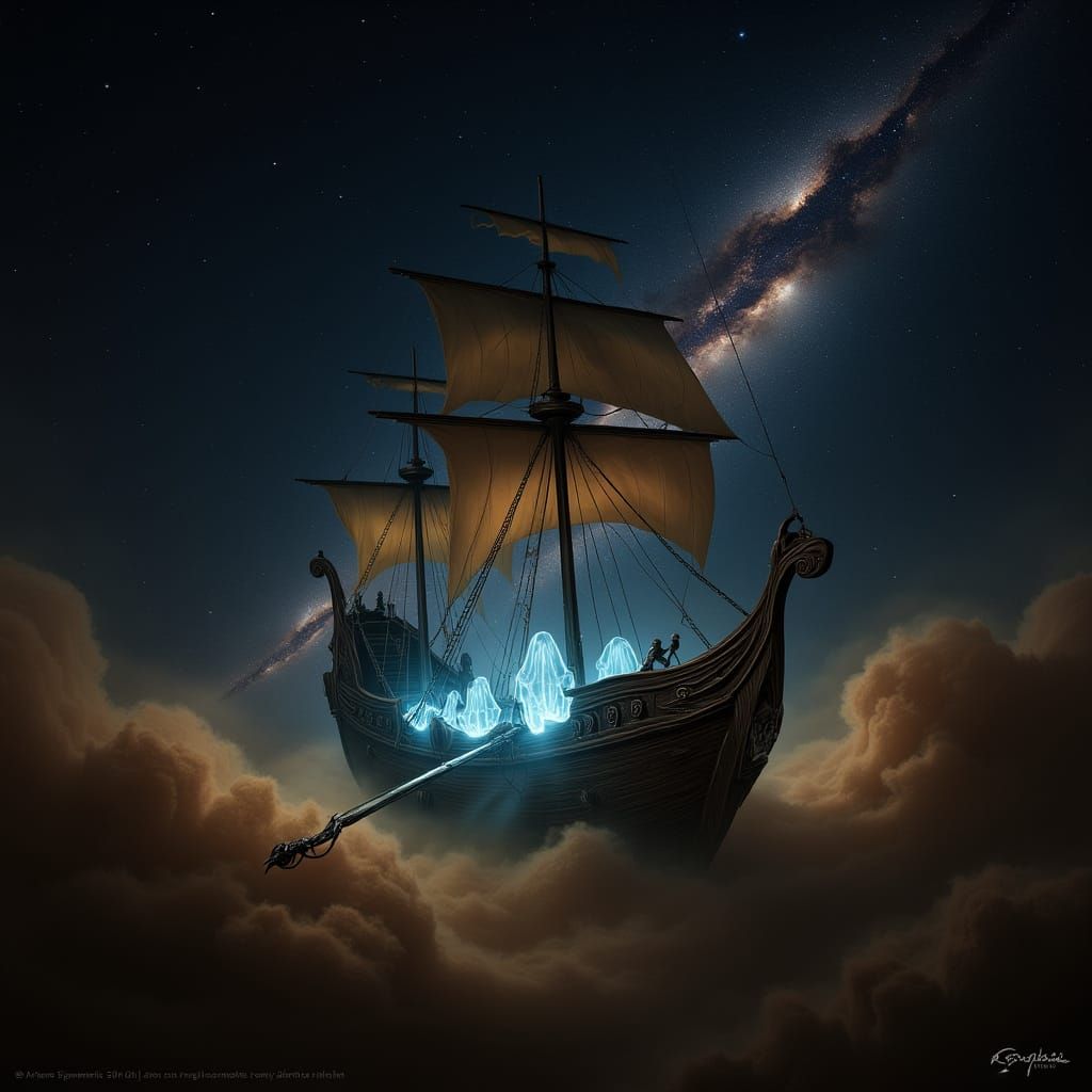 Spectral Galleon Navigates Cosmic Nebula in Digital Matte Pa...