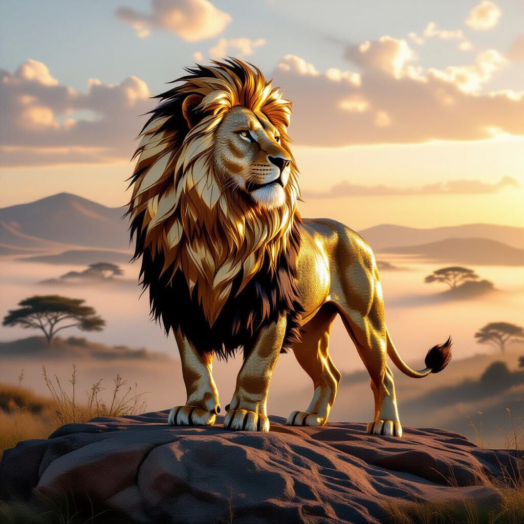 Gold and Silver Lion Overlooking Savanna in Baroque Style