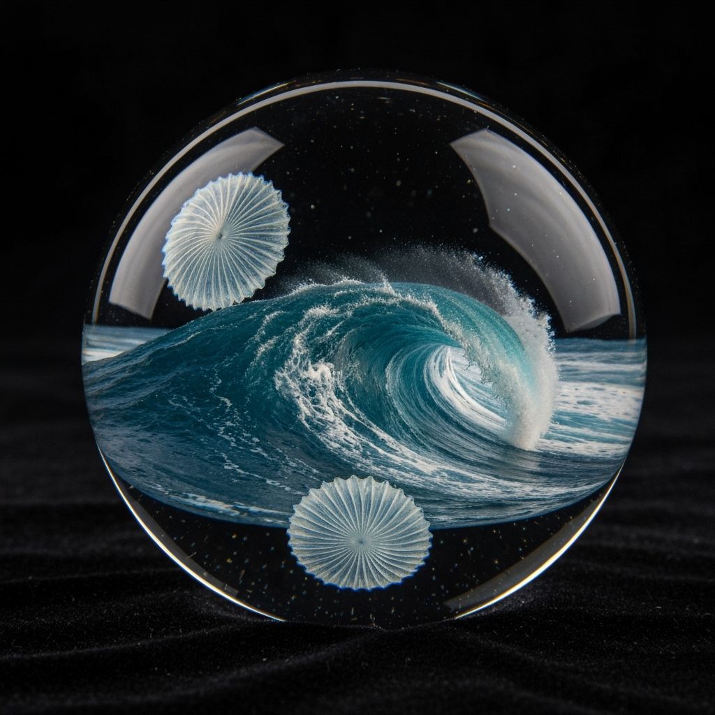 Glass Sphere Encapsulating Ocean Wave, Ornate Glasswork