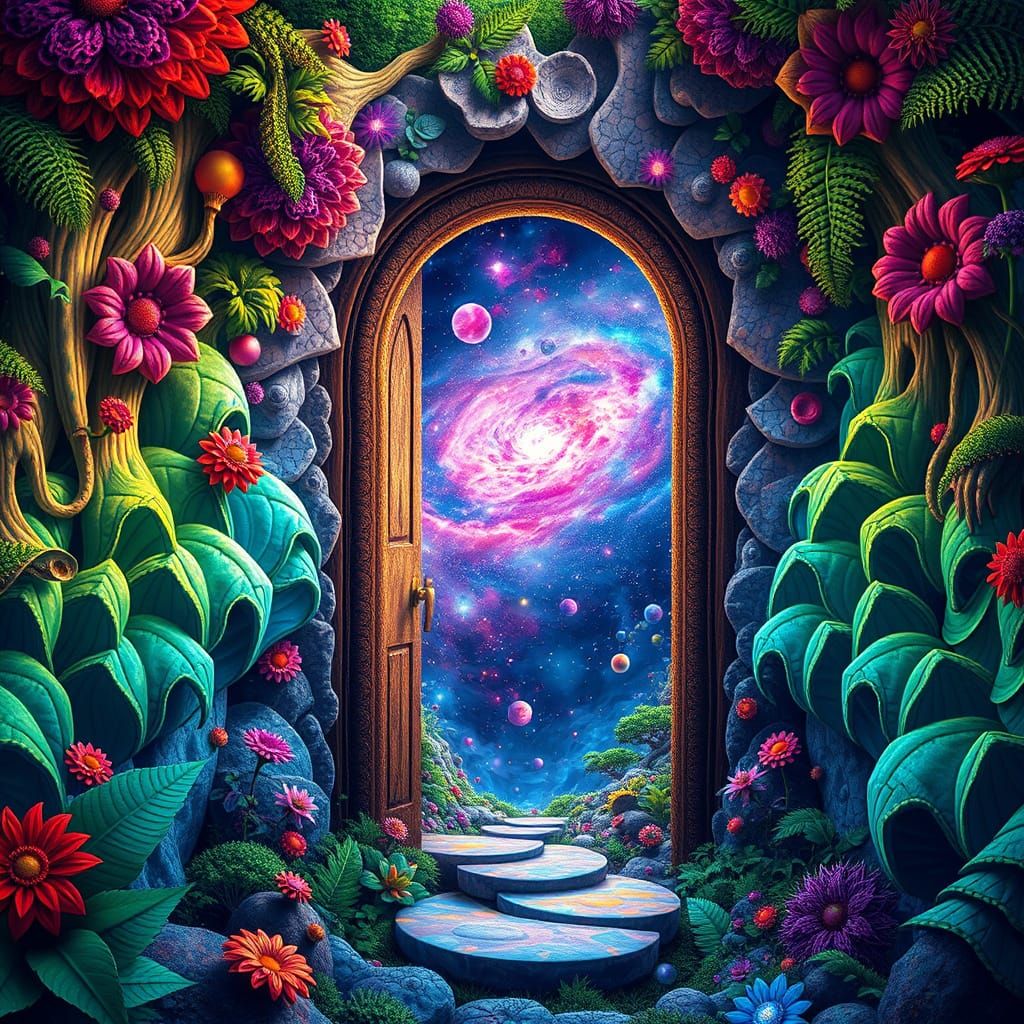 a large doorway in the middle of a fractal jungle with bright beautiful colors and in the doorway it opens to space with...