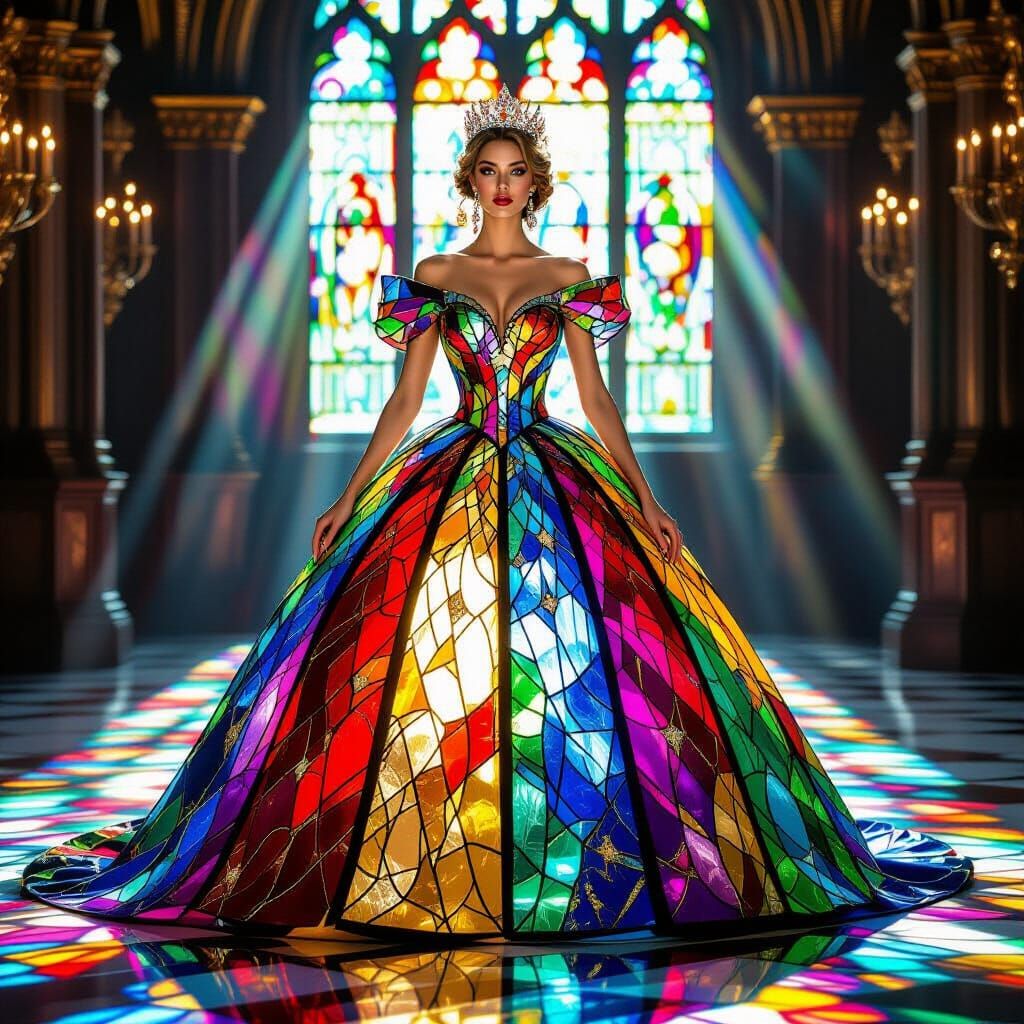 Regal Queen in Shimmering Stained Glass Gown