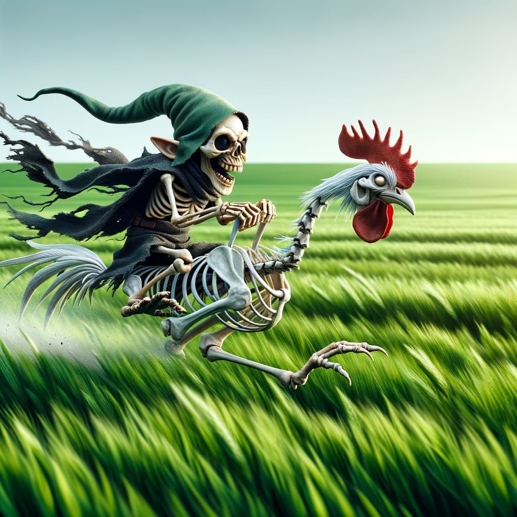 Skeletal Gnome and Rooster Race Across Green Field