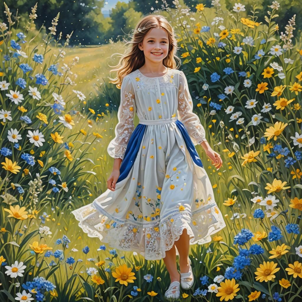 Young Woman in Floral Field: Realistic Oil Painting