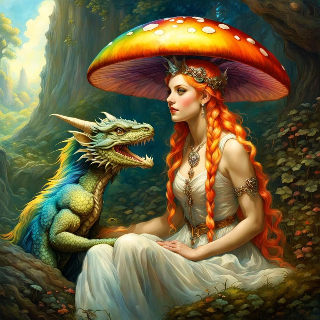 Rainbow Haired Lady and Dragon in Fairy Land