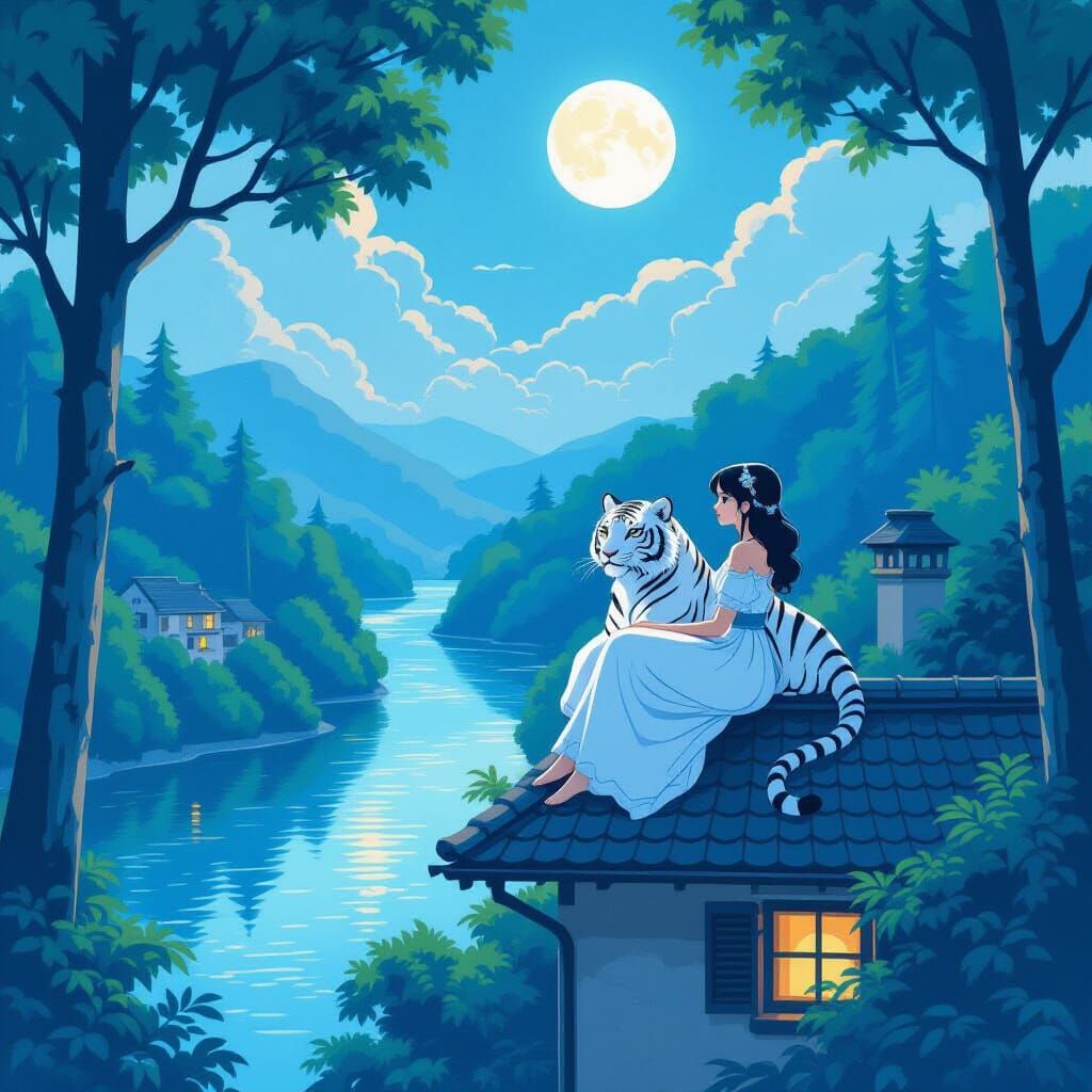Dreamy Rooftop Scene with Girl, Tiger and Moonlit River