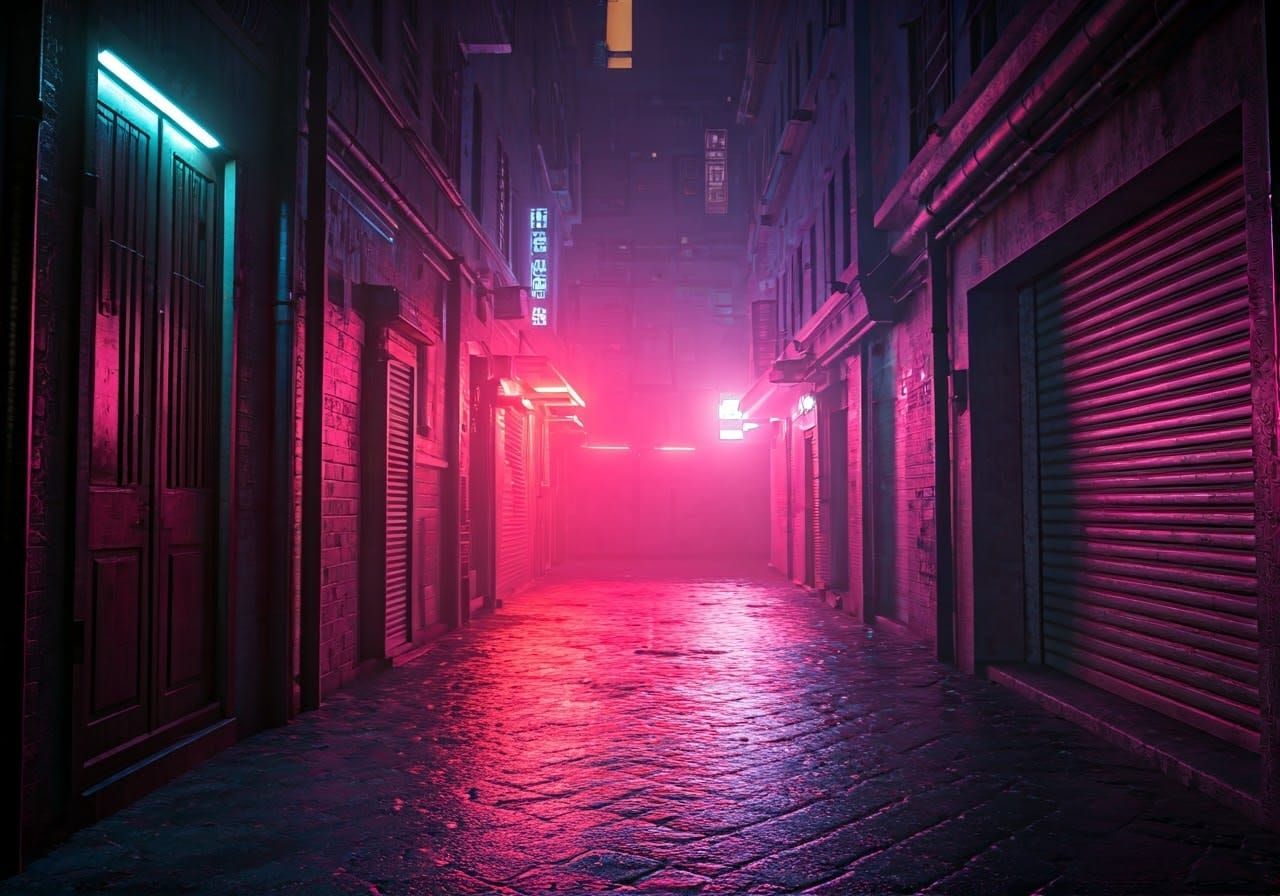 Neon-Lit Alleyway in Dystopian Metropolis
