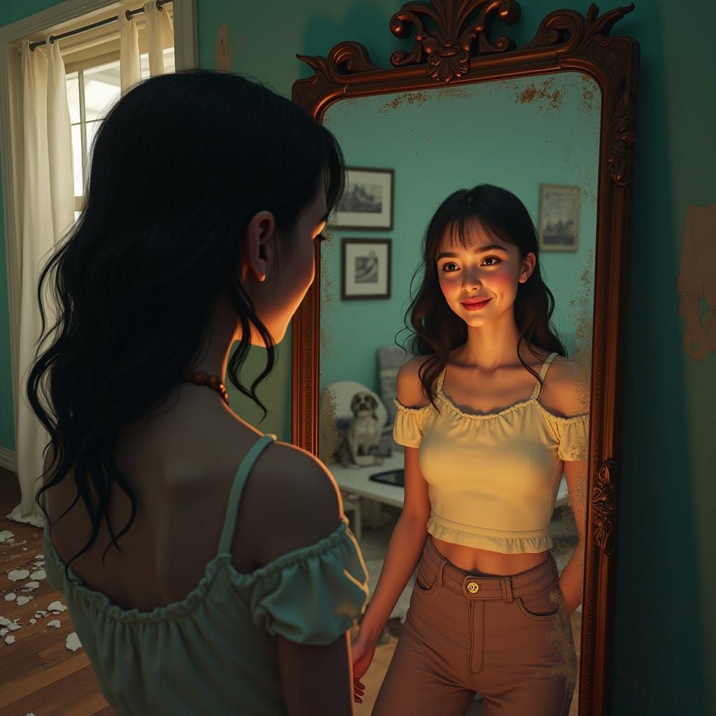 Young Woman's Bittersweet Reflection in a Dreamlike New York...