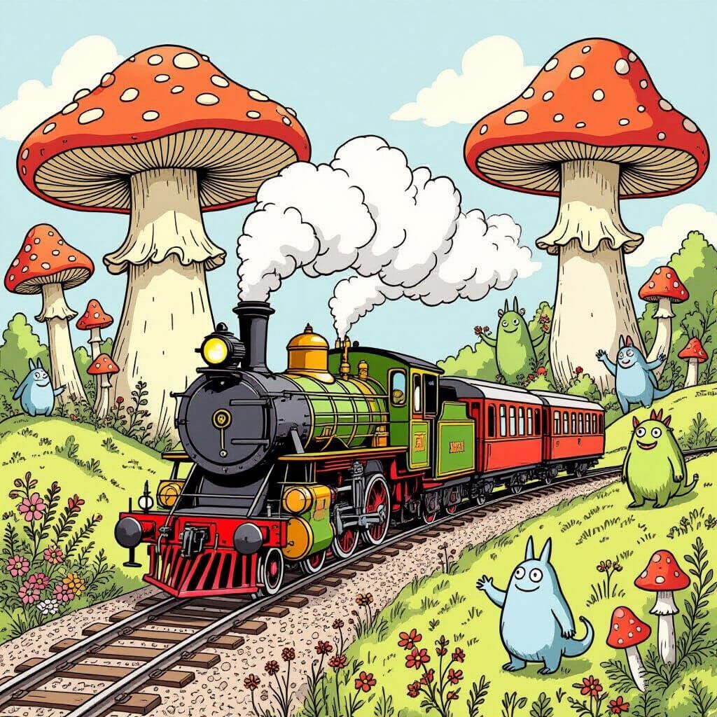 Vintage Train in Whimsical Fantasy Landscape, Delicate Linew...