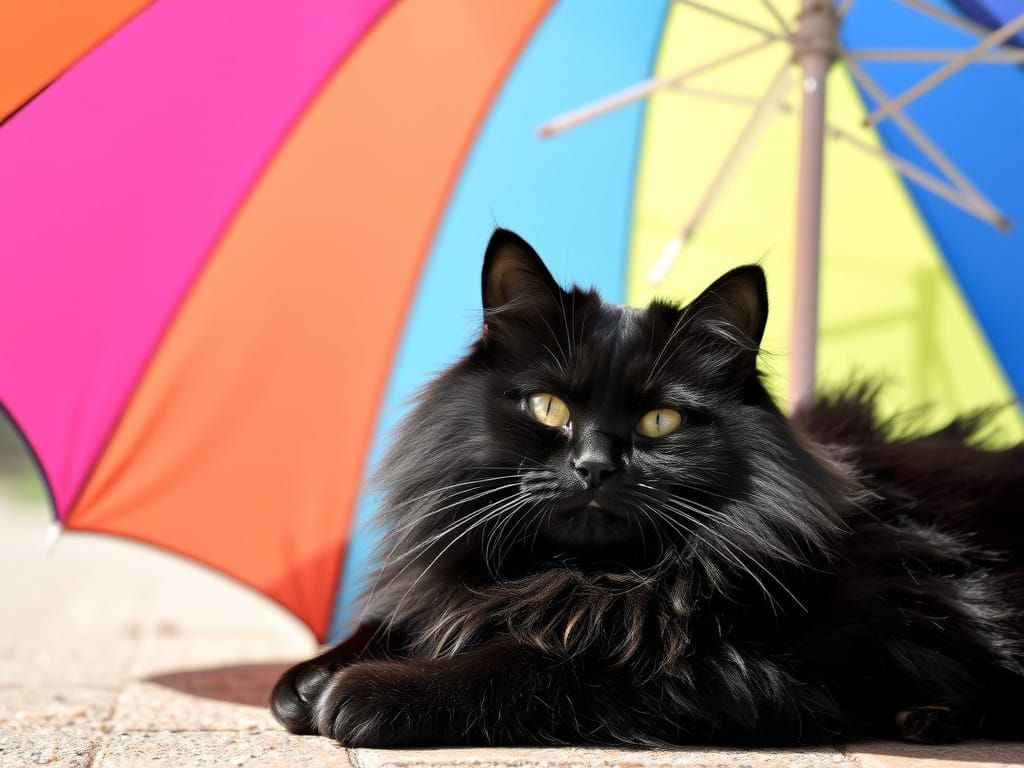 A Fluffy Black Cat Finds Comfort in a Colorful Umbrella's Sh...