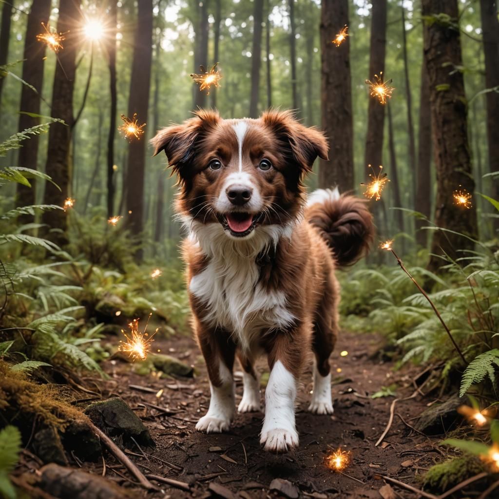 Joyful Puppy Playing with Fireflies in Forest