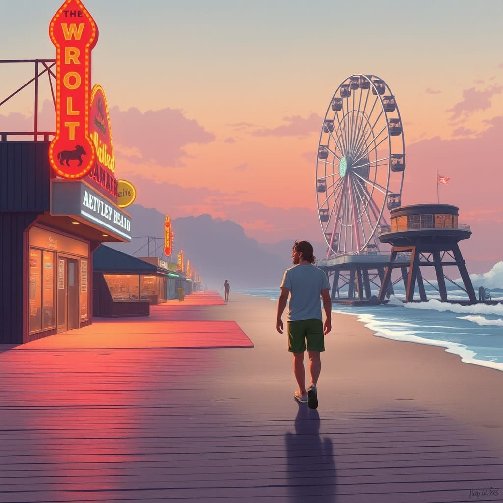 Dreamy Boardwalk Scene with Ferris Wheel, Digital Art