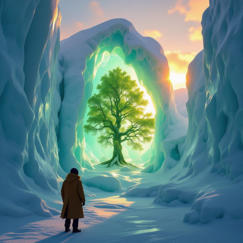 Colossal Ice Sculpture Encasing a Tree in Sunlight