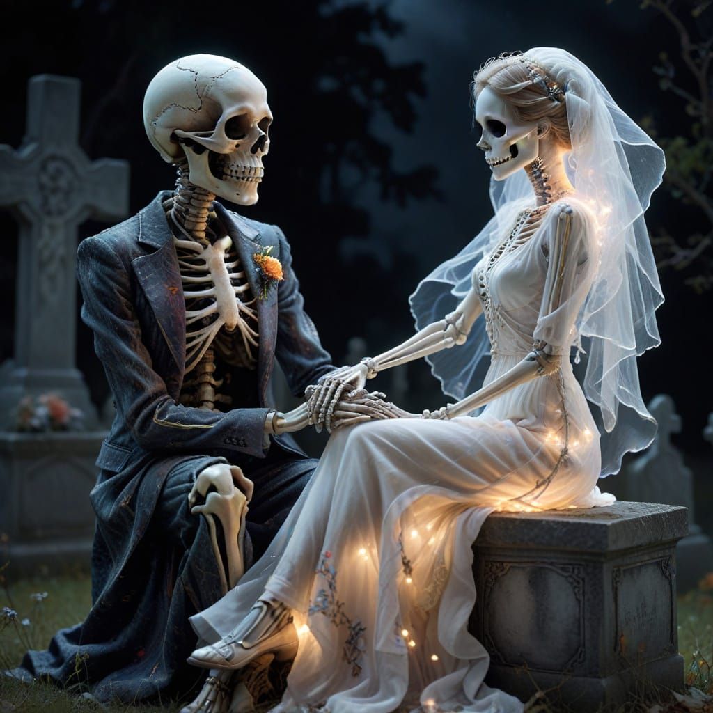 Skeleton and Ghost Holding Hands in Graveyard