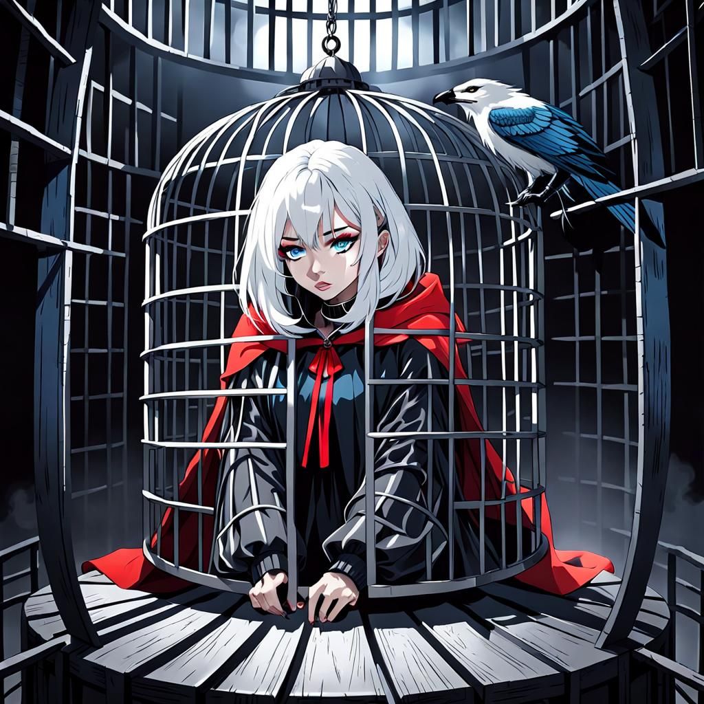 Frustrated Woman in Cage with Neon Cloak