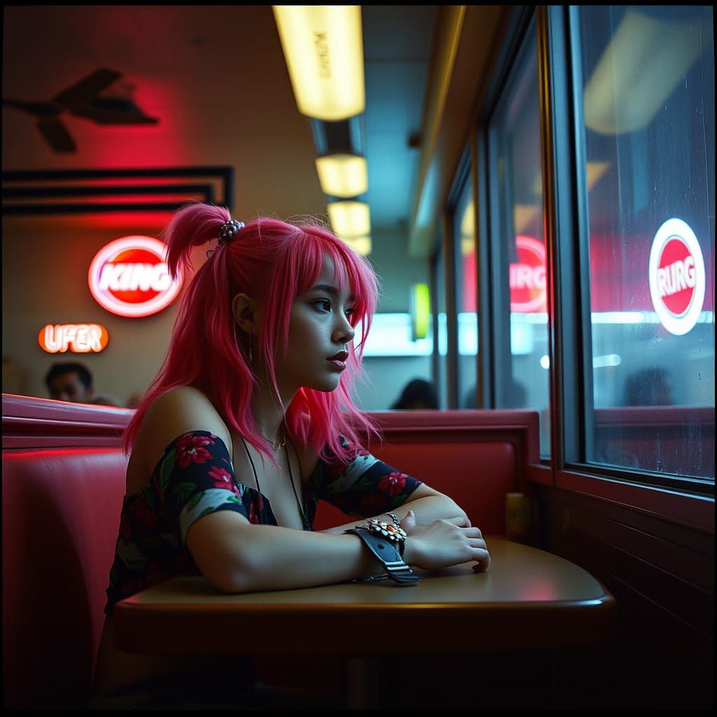 Young Woman Lost in Thought at a Gritty Burger King