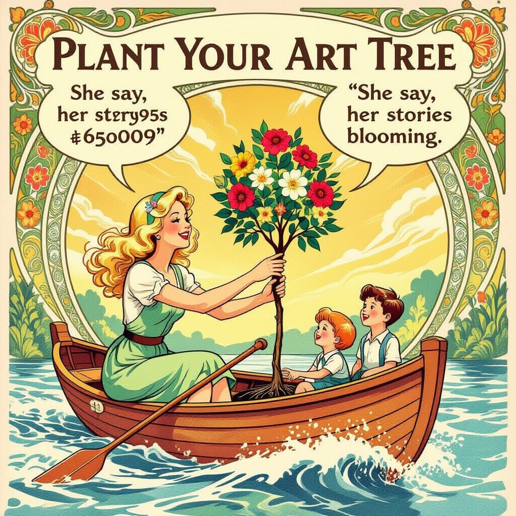Art Nouveau Writer Plants Blooming Tree on Ink River