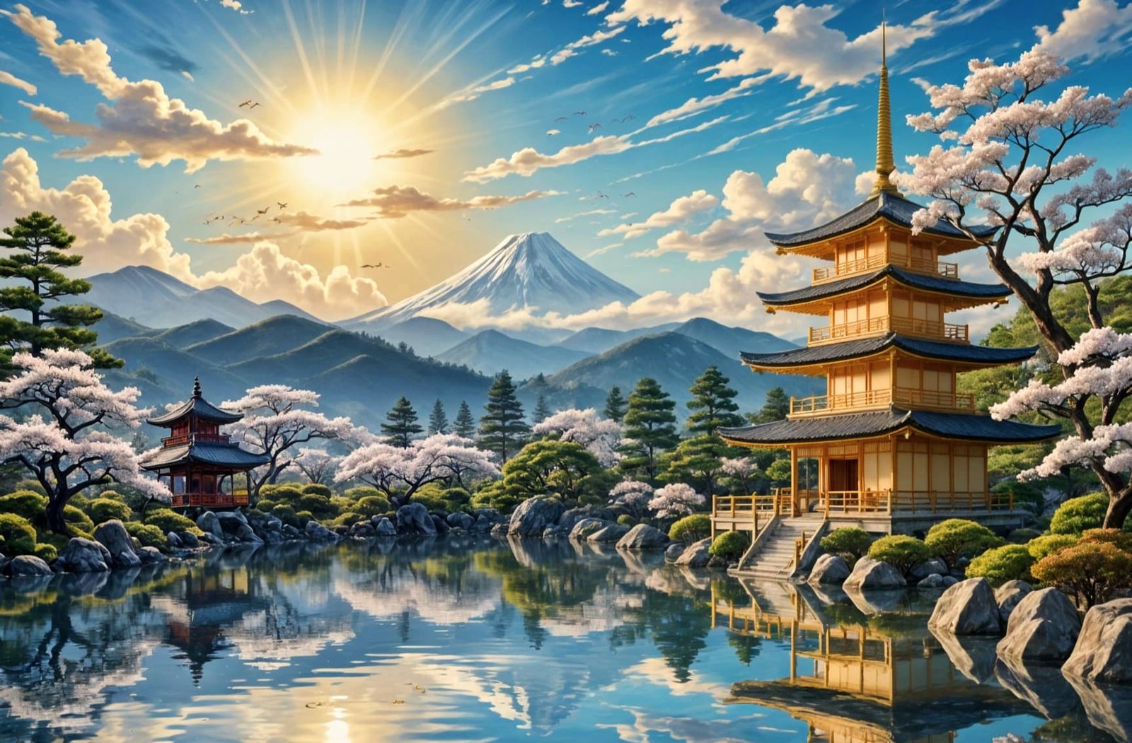 Golden Pagoda in Japanese Ukiyo-e Garden