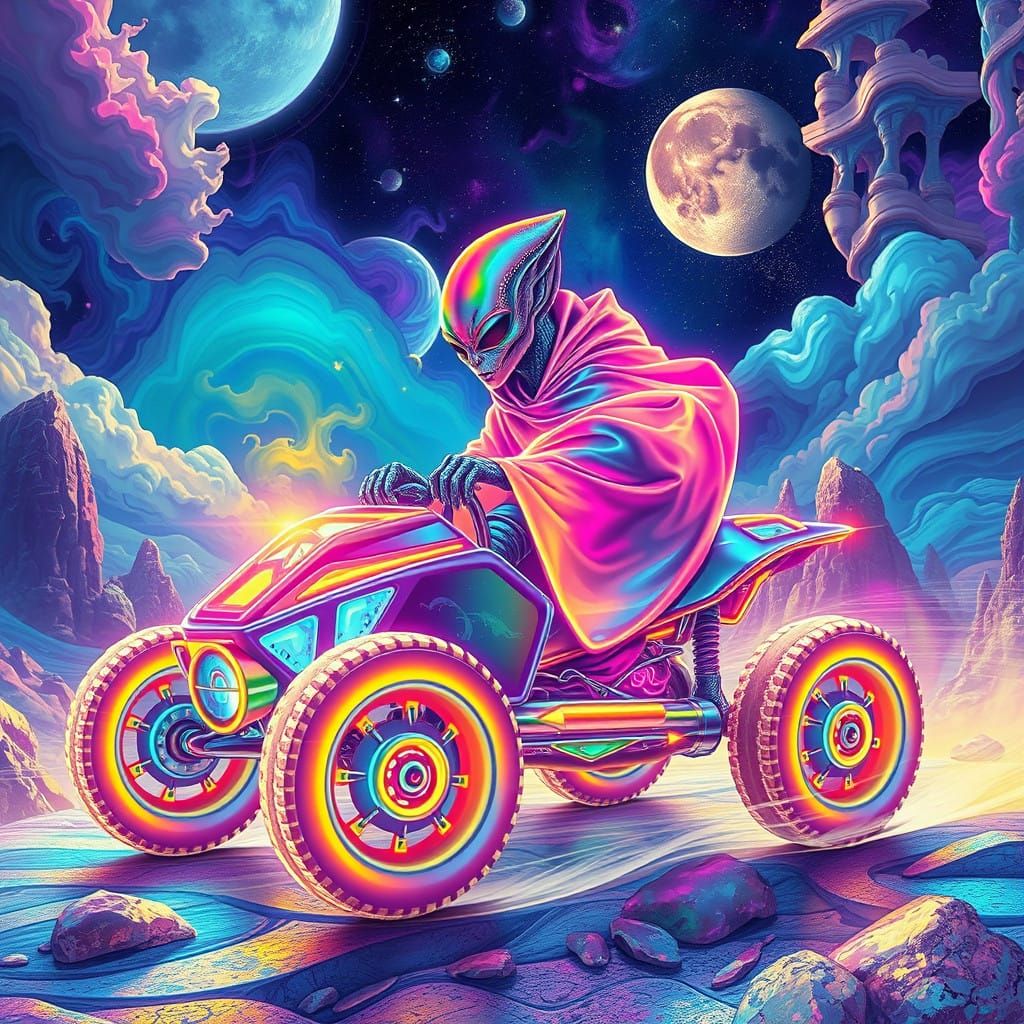 Psychedelic Odyssey: Alien in a Futuristic Buggy