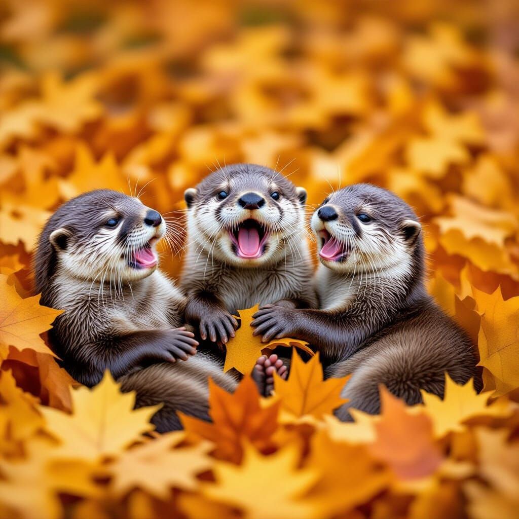 Cute Baby Otters Frolicking in Autumn Leaves