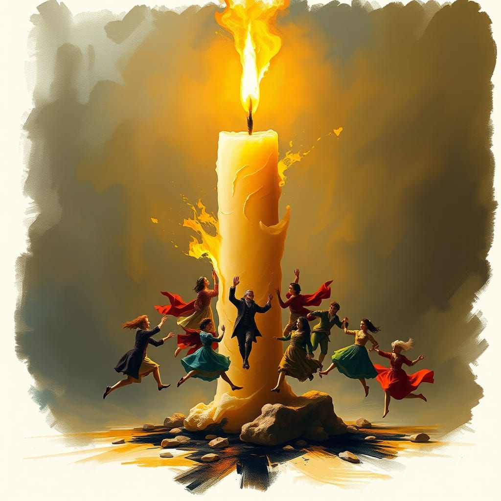 Dramatic Candle Scene with 18th-Century Figures in Fiery Dan...