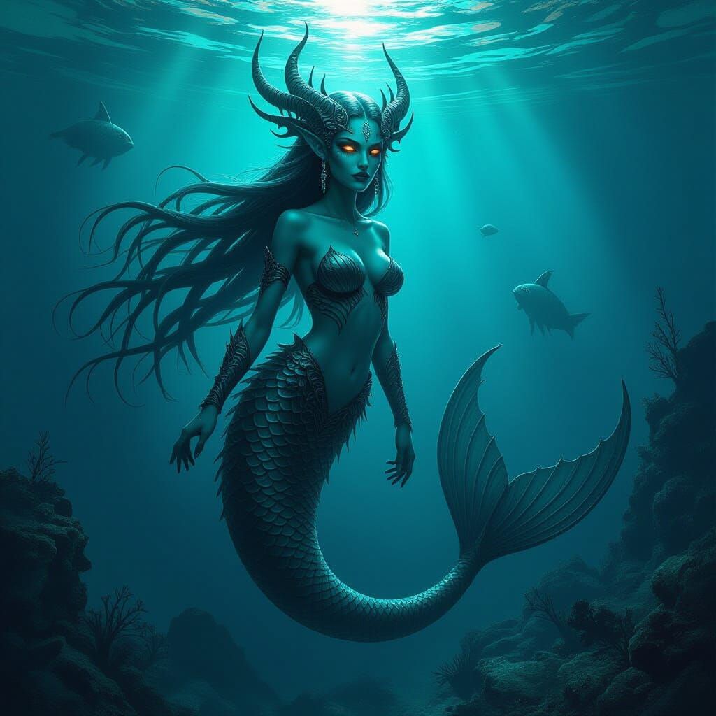 Eerie Demon Mermaid in Cyberpunk Biomechanical Style