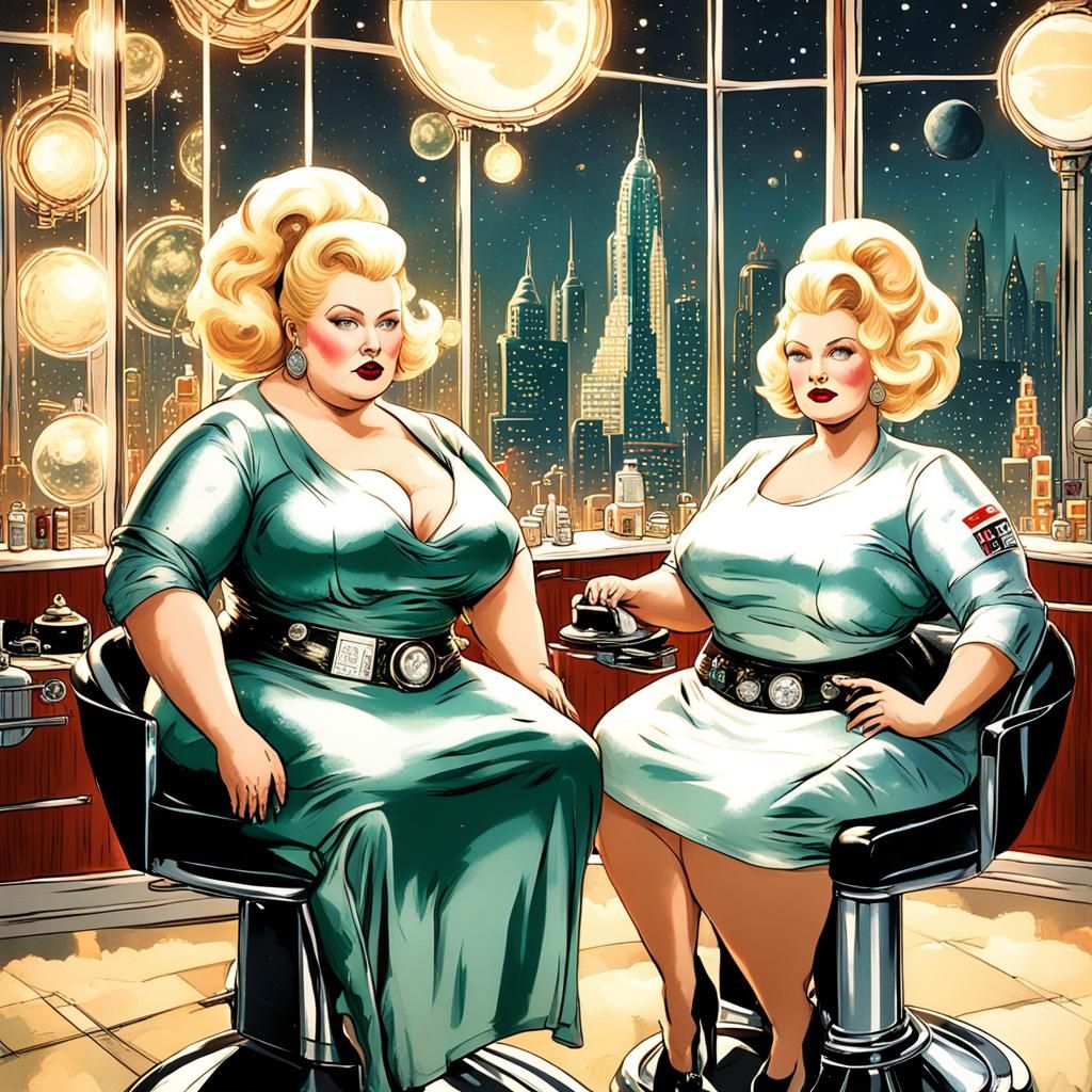 Supergoddess at Martian Beauty Parlor, Art Deco Cityscape