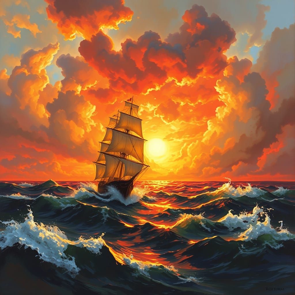 Ship Caught in Stormy Sunset: Turner-esque Painting