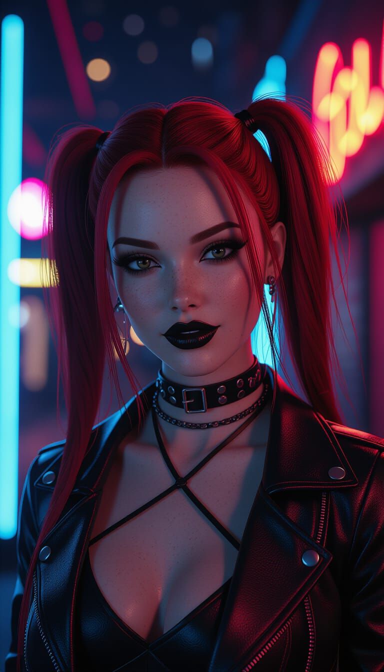 Neo-Gothic Woman in Neon Lit Cyberpunk Scene