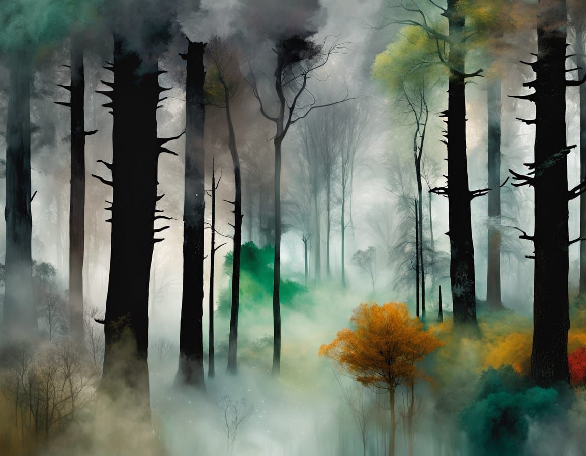 Foggy Redwood Forest Collage with Abstract Art