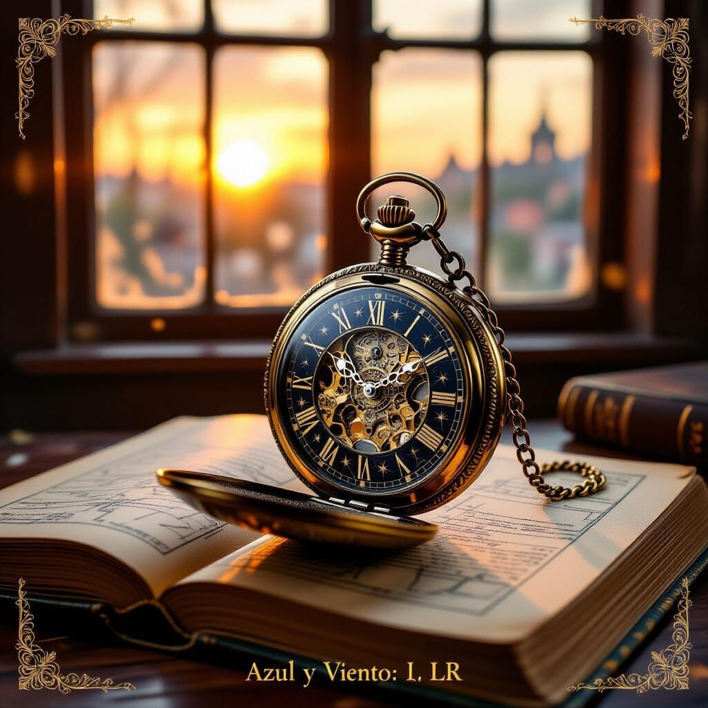 Engraved Pocket Watch on Old Maps Book in Dusk Light