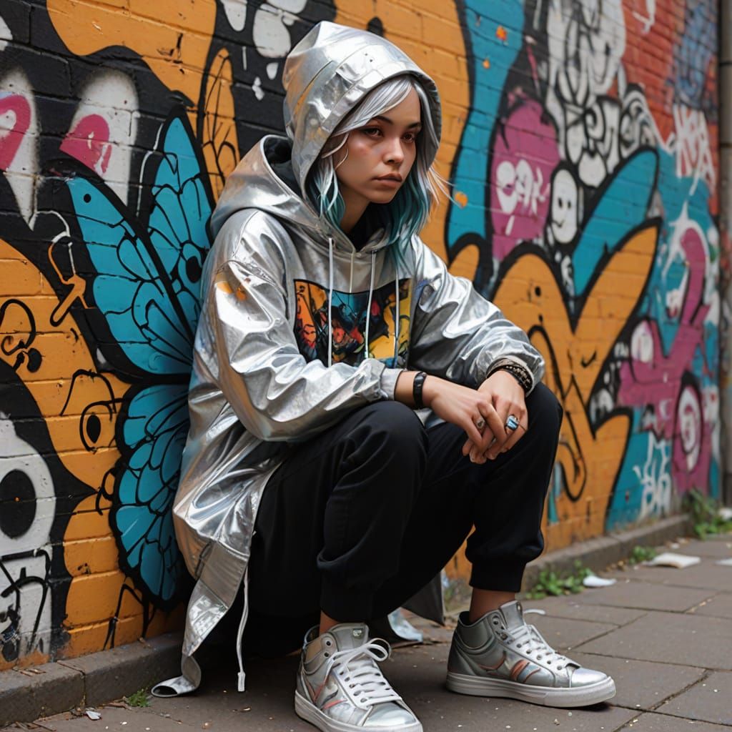 Urban Fairy on Graffiti Wall in Street Art Style